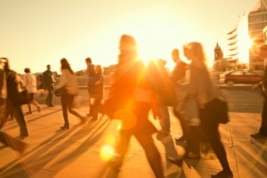 Business Commuters Walking Home After Work, Sunset Backlit